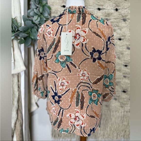 NWT Joie tan polka dot tie neck floral blouse M - Picture 3 of 6